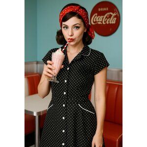 HeartSoul Black Polka Dot Shirt Dress–Size 5–Retro Pinup Vibe w/ Belt & Piping